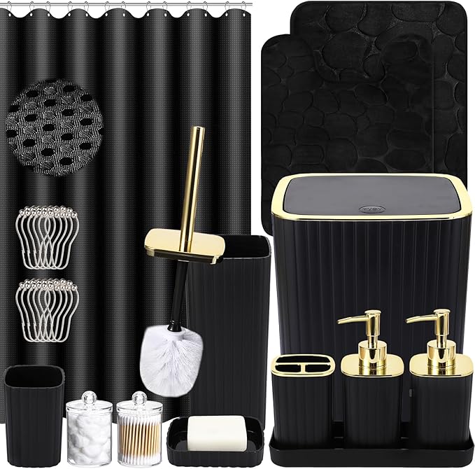 XLHOMO Bathroom Set with Shower Curtain and Rugs- 25PC Bathroom Accessory Set, Black Shower Curtain Set, Toilet Brush, Trash Can, Qtip Holder & Soap Dispenser