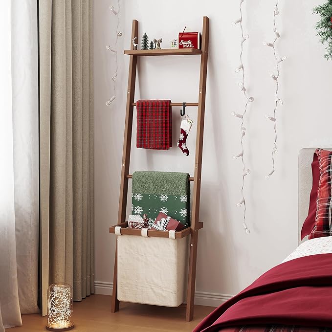 63" Bamboo Blanket Ladder with Shelf, Fabric Storage Basket and 5 Hooks, 4 Tier Leaning Blanket Rack, Farmhouse Towel Ladder Rack, Decorative Quilt Rack Holder for Living Room Bedroom Bathroom, Walnut