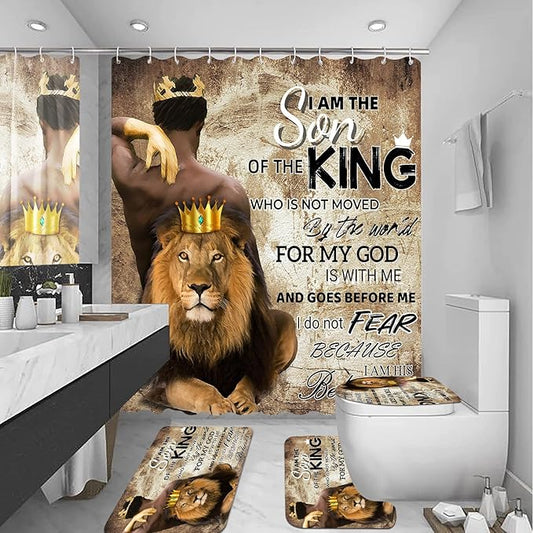 4Pcs Lion King Shower Curtain Set, Inspirational Black Man Bathroom Decor Shower Curtains and Rugs Toilet Lid Cover Bath Mat, Waterproof Africa American Halloween Shower Curtain for Man