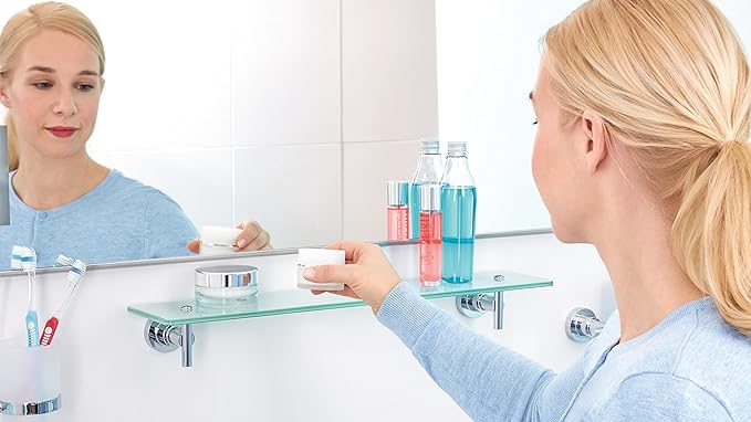 tesa LUUP Glass Bathroom Shelf - No Drill Shelf Made of Satined Glass and Chrome-Plated Metal - Stainless - Waterproof - Includes Removable Adhesive Solution