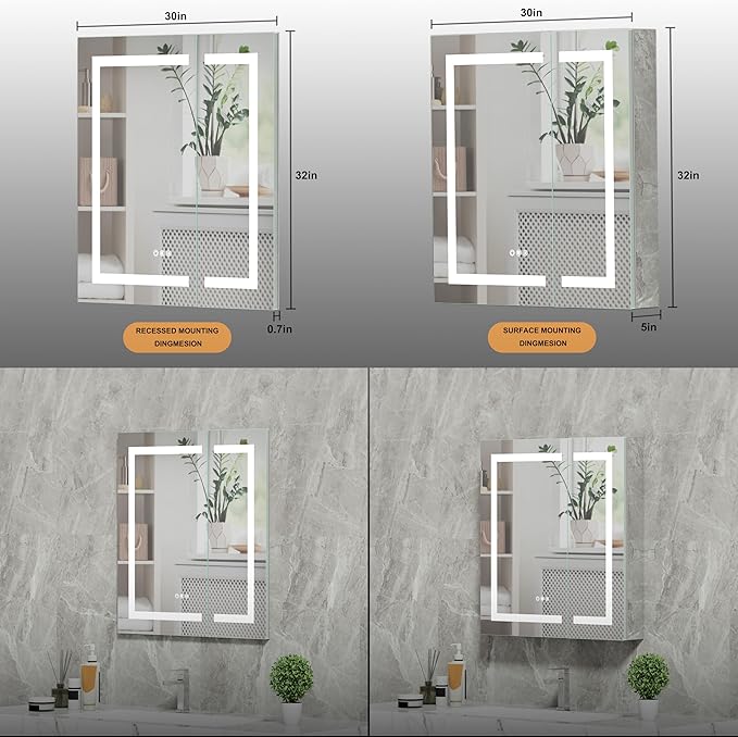 30x32 Bathroom Mirror LED Medicine Cabinet with Light 3 Colors, Recessed Surface Wall Mounted LED Medicine Cabinet, Anti-Fog Tempered LED Mirror with Storage, Stepless Dimming, 2 Outlets