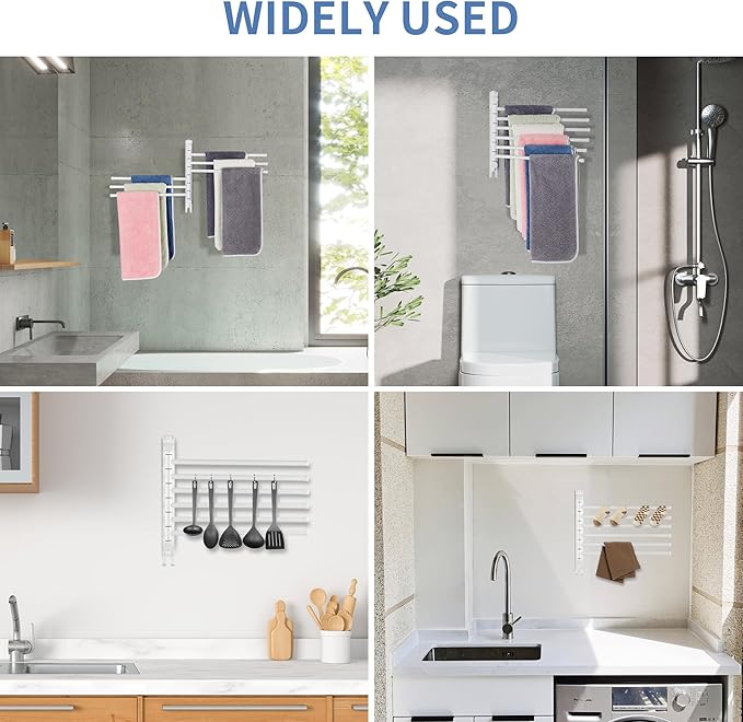 Swivel Towel Rack, 12.6 Inch Towel Bar with Wall Mounted 180° Rotation, 6 Arms Towel Hanger SUS 304 Stainless Steel, Space Saving for Kitchen, Bathroom, Outdoor, White
