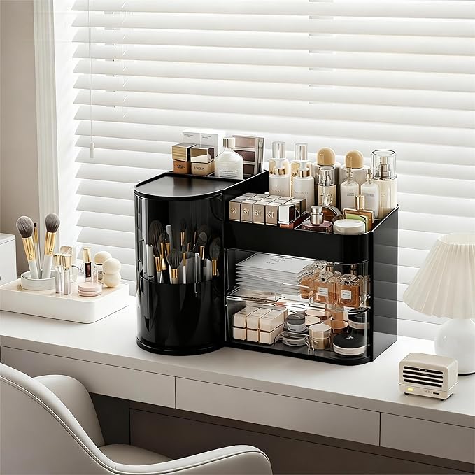 Makeup Organizer with Rotating,Large Bathroom Countertop Cosmetic Organizer with Brushes Holder,Skincare Storage Organizer,Ideal makeup holder for Skincare,Lipstick,etc (Light Luxury Black)
