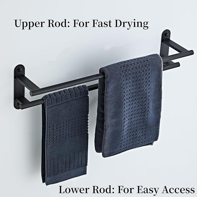 Towel Rack for Bathroom, Double Towel Bar 24 Inch Wall Mounted, Matte Black Stainless Steel Bathroom Towel Holder(Total Length 26-Inch)