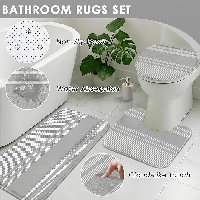Grey Bathroom Decor and Accessories Set, Striped Gray Shower Curtain and Rug Set with Trash Can, Soap Dispenser, Soap Dish, Toothbrush Holder, Toothbrush Cup, Toilet Brush