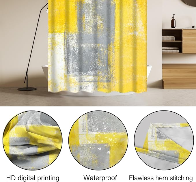 Lnond 4Pcs Bathroom Shower Curtain Sets with Rugs,Yellow and Grey Painting Art Bathroom Sets with Shower Curtain and Rugs and Accessories