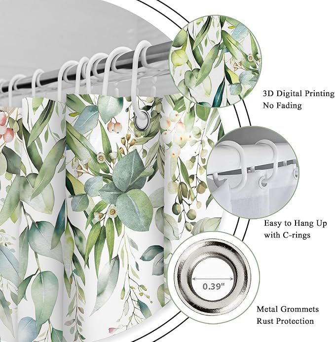 Riyidecor Sage Green Eucalyptus Shower Curtain,Fabric Cloth Bathroom Curtains,Leaves Plants Spring Floral Botanical Leaf Nature Watercolor Bath Shower Curtains Decor Set 72x72 Inch