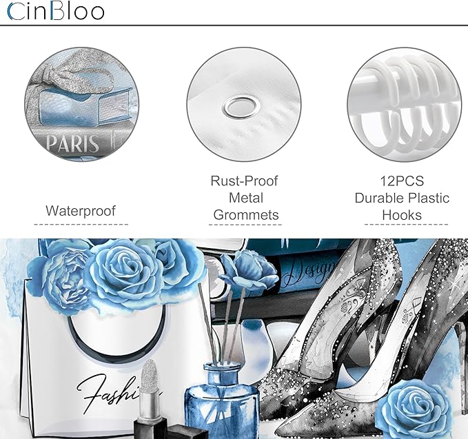 Cinbloo 4Pcs Girly Blue Shower Curtain Set, Silver Grey Fashion Women Bathroom Curtain with Rug, Toilet Lid Cover, Bath Mat, Flower Perfume Black White Striped High Heels Shower Curtain with 12 Hooks