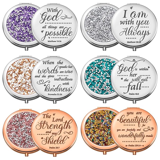 Thyle 12 Pcs Christian Compact Mirror Gifts for Women Mother's Day Nurse Week Bible Verse Wallet Mirror Bulk Hand Makeup Compact Religious Baptism for Holy Communion Teacher(Style 1,Colorful)
