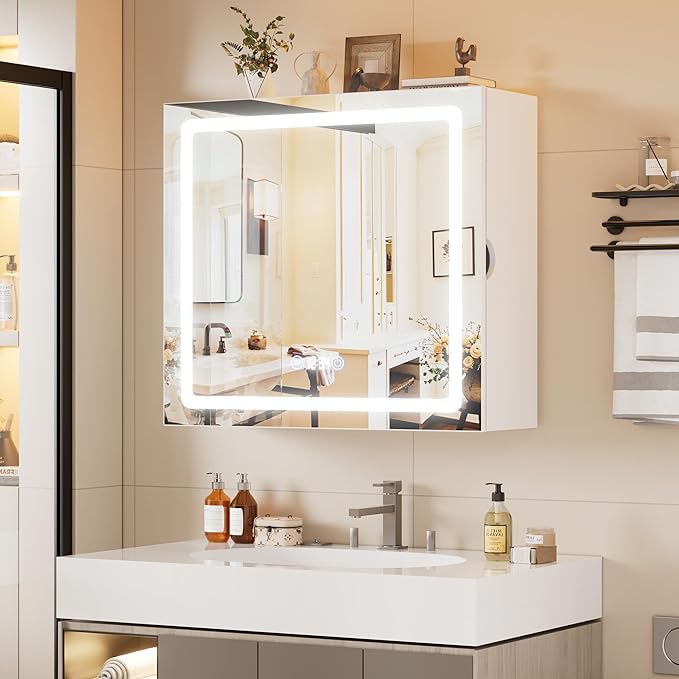 Led Lighted Bathroom Mirror Anti Fog Medicine Cabinet,Sliding Wall Mounted Bathroom Storage Cabinet,Medicine Cabinet with Storage and 3 Lighting Modes,White(Anti-Fog Mirror Cabinet with Light)