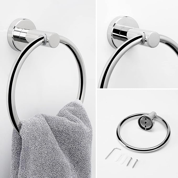 NearMoon 3 Pieces Bathroom Hardware Set, Bath Towel Ring and 2 Towel Hooks- Stainless Steel Hand Towel Hanger and Robe Hooks Accessories, Wall Mounted (Chrome Finish)