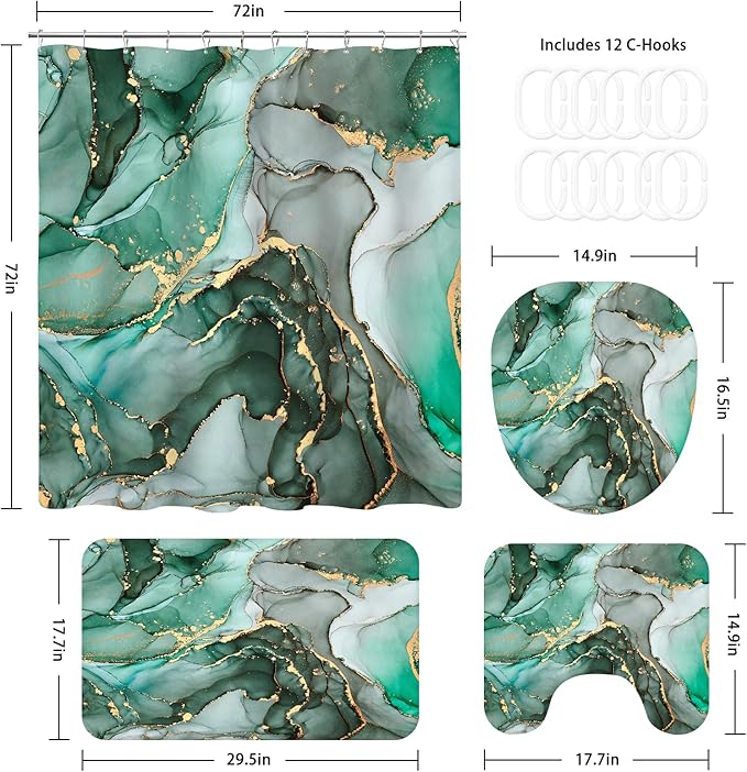 4PCS Emerald Green Marble Bathroom Sets with Shower Curtain and Rugs, Abstract Shower Curtain Sets with Rugs, Gold Bathroom Curtains Shower Set with Toilet Lid Cover Accessories
