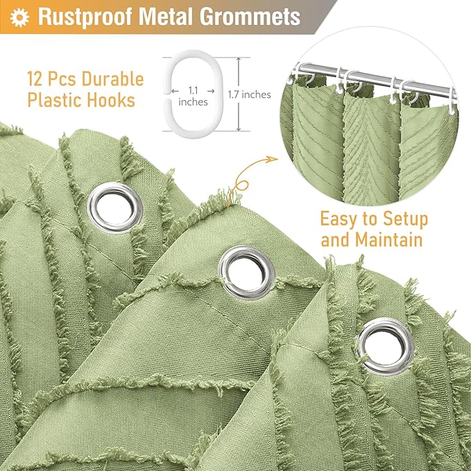 BTTN Sage Green Boho Shower Curtain, Tufted Leaves Textured Striped Fabric Shower Curtain Set with Tassels, Water Repellent, Modern Farmhouse Minimalist Vintage Shower Curtains for Bathroom, 72 x 72