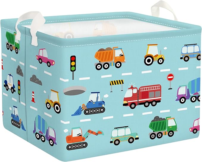 Cars Laundry Hamper Cartoon Vehicle Large Storage Basket Collapsible Parents Organizer Boy Toy Clothes Bins for Bedroom, Bathroom, Fire Engine, 36L