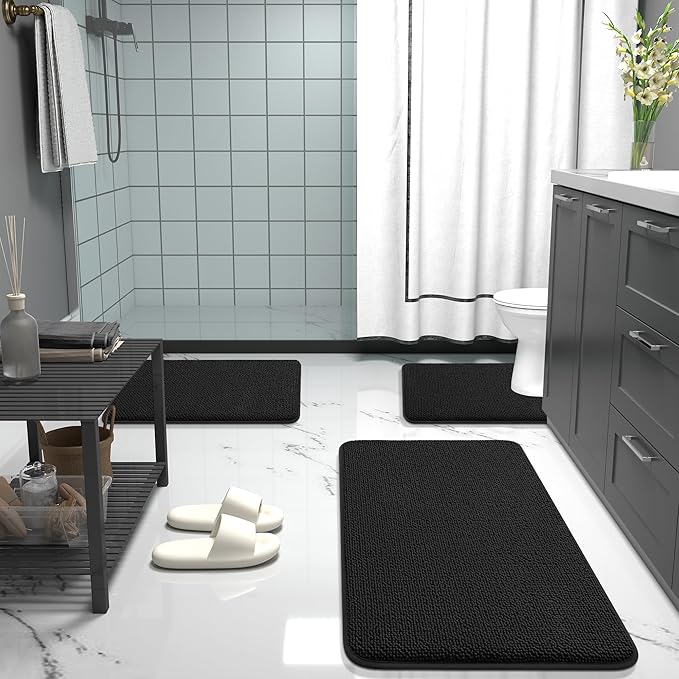 OLANLY Thick Memory Foam Bath Mat Rug 30x18, Extra Soft Absorbent Bathroom Rug, Quick Dry Bath Mats, Non-Slip, Machine Washable Carpet for Bathroom, Tub and Shower, Home Decor Accessories, Black