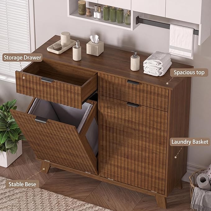 Wodeer Double Tilt Out Laundry Hamper Cabinet with 2 Drawers & Baskets, 20 Gallon Fluted Hidden Trash Can Cabinet, Farmhouse Wood Laundry Storage Cabinets for Bathroom, Kitchen, Walnut