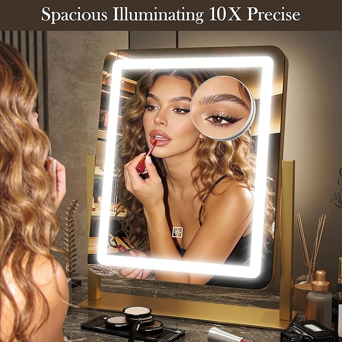 15" x13" Vanity Mirror with Lights, LED Makeup Mirror with Lights, 10X Magnification Mirror with 360°Rotation, 3 Color Modes ＆ Dimmables,Light up Makeup Mirror for Vanity Desk, Travel,Gold