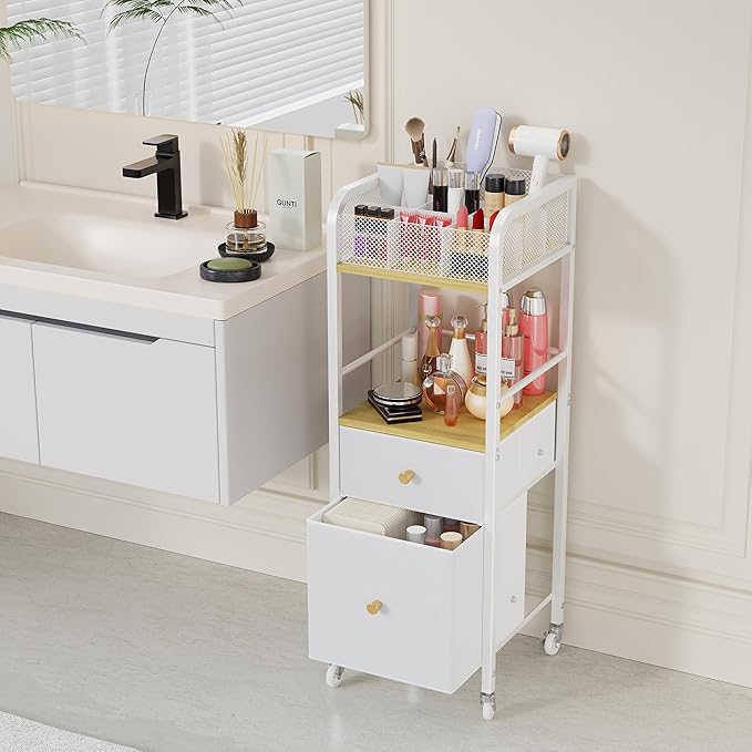 HapiRm Rolling Makeup Cart Organizer - Floor Skincare Make Up Storage with 2 Non-woven Fabric Drawers, Vanity Organizer Cosmetic Display Cases Holder for Skin Care Perfume Nail Polish Brush Hair Tool