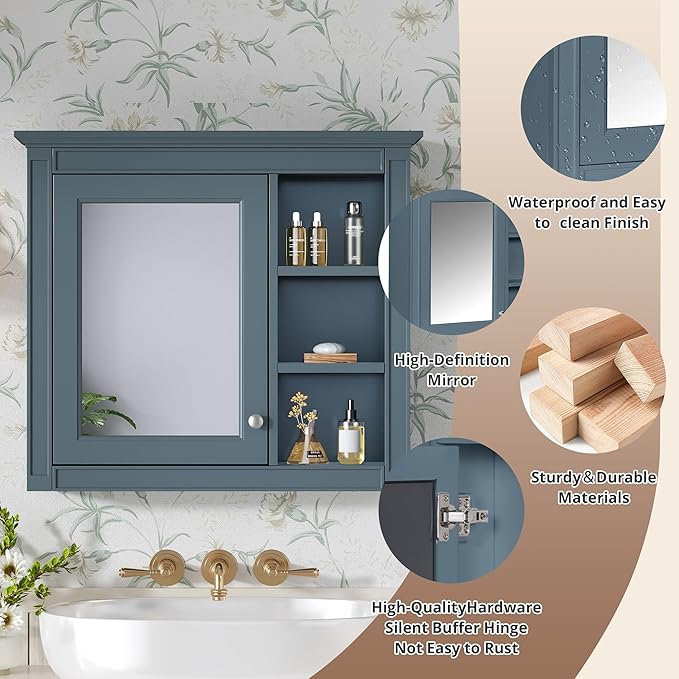Merax Bathroom Medicine Cabinet with Mirror, 30" x 28" Wall Mounted Medicine Cabinet with Single Door and Shelves, Over The Toilet Mirrored Bathroom Storage Wall Cabinet