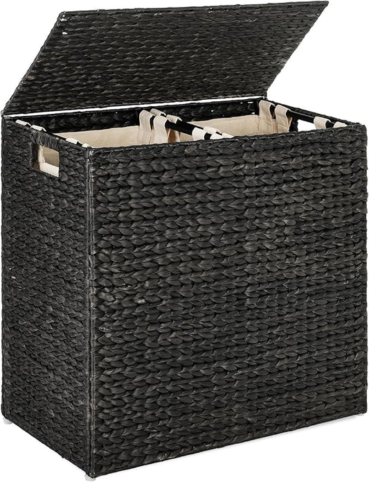 Best Choice Products Large Double Laundry Hamper with Lid, Natural Handwoven Water Hyacinth, 2 Sections w/ 2 Machine Washable Linen Liner Bags, Portable, Handles - Black