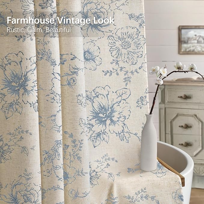 Farmhouse Floral Linen Shower Curtain, Vintage Blue Pattern Rustic Shower Curtains for Bathroom, Taupe,72x72
