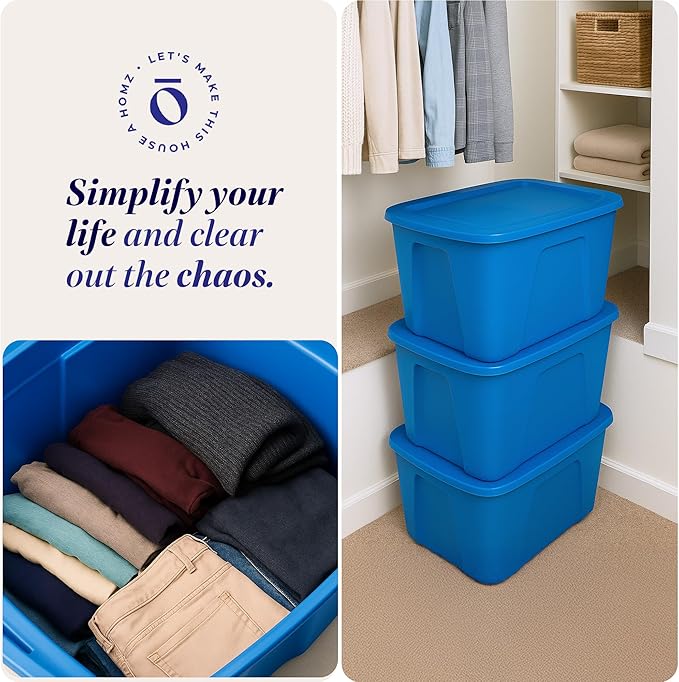 HOMZ 4-Pack Durable Molded Bin, Plastic Storage Containers w/Lids, 18 Gallon, Blue - Stackable Organizer Totes and Boxes for Bedroom, Kitchen, and Garage Organization