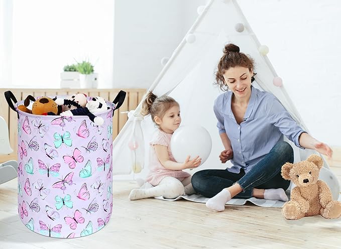KUNRO Round Laundry Gift Basket Storage Hamper, Clothes Storage Organizer Bins, Shelf Basket with Handles for Room Decor (Purple Butterfly)