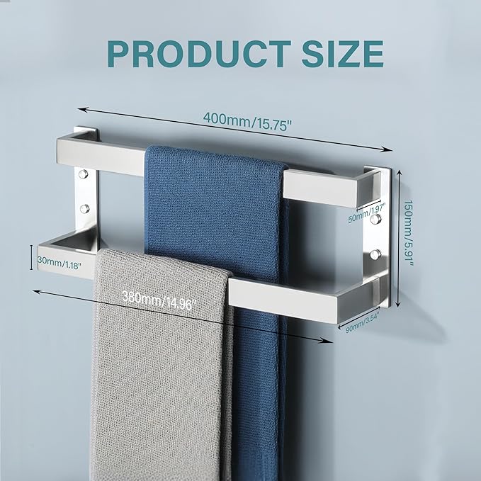 Alise Double Towel Bar, 16" Towel Racks for Bathroom Wall Mounted, SUS304 Stainless Steel Bathroom Towel Holder, Modern Quick Drying Towel Hanger, Brushed Nickel