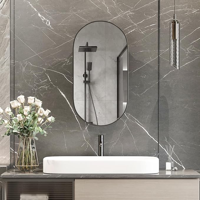 Oval Medicine Cabinet Mirror for Bathroom,Recessed Black Medicine Cabinet with Mirror, Brushed Black Mirror Cabinet with 3 Storage,Metal Edge,Wall Mounted,16x31Inch
