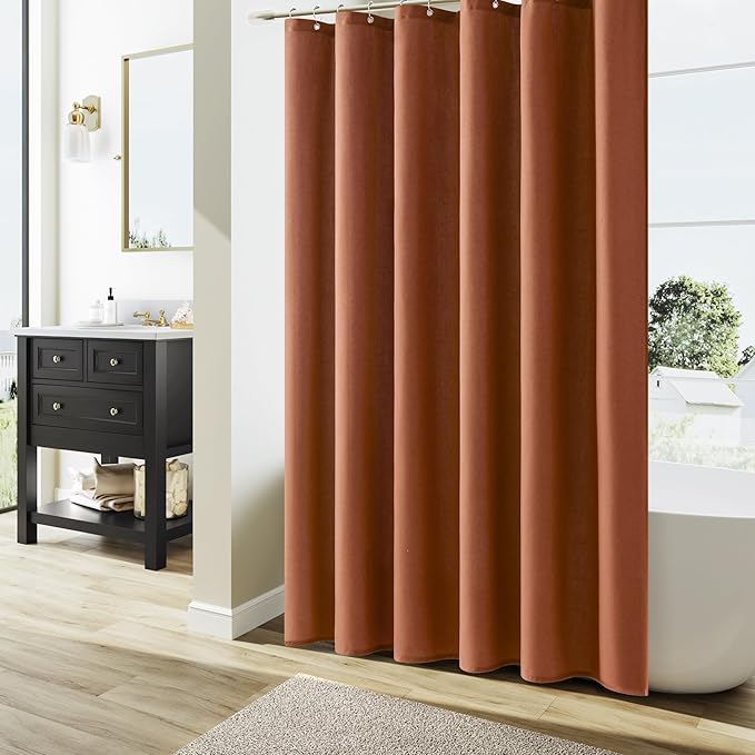 Terracotta Boho Linen Shower Curtain, Country Farmhouse Bath Decor Shower Curtains Neutral Cloth Weighted Textured Fabric Bath Curtain Liner with Hooks, 72x80