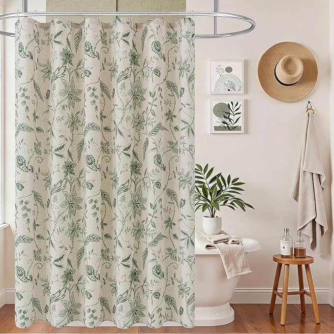 ORTIGIA Linen Shower Curtain Farmhouse Vintage Green Floral Shower Curtains Boho Rustic Cottagecore Curtains for Bathroom Decoration 72 W x 72 L