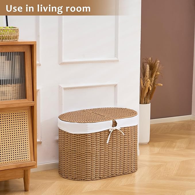 Laundry Hamper with Lid, 70L Handwoven Rattan Clothes Hamper with Removable Liner Bags, 2 Section Wicker Laundry Basket for Bedroom, Laundry Room and Bathroom(Rattan, 70L)