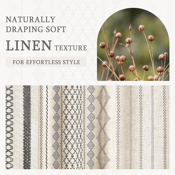 Grey Boho Shower Curtain for Bathroom,Beige Linen with Striped Print and Twine-Inspired Woven Center,72" W x 72" L