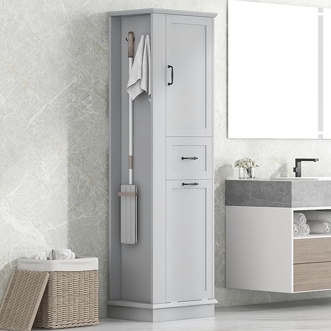 Virubi Tall Laundry Cabinet with Tilt Out Hamper, Wood Bathroom Storage Cabinet with Door, Drawer and Adjustable Shelves Freestanding, Grey