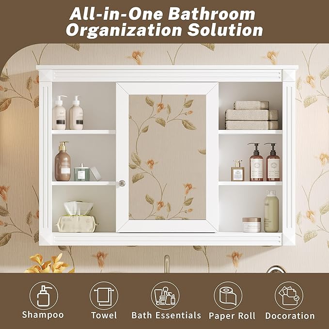 Merax Bathroom Medicine Cabinet with Mirror Door & Adjustable Shelf, 42" x 28" Wall Mounted Bathroom Storage Cabinet with Mirror, Over The Toilet