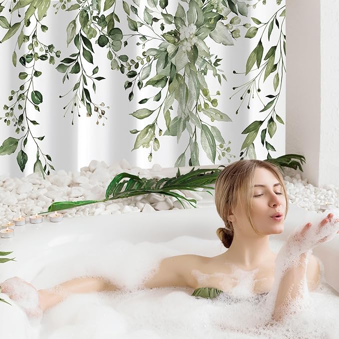 Gibelle Olive Green Eucalyptus Shower Curtain, Watercolor Plant Leaves with Floral Bathroom Shower Curtain Set with Hooks, 72x72