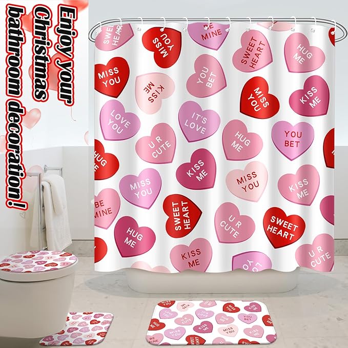 Drydiet 4 Pcs Valentines Shower Curtain Set, Non Slip Rugs Toilet Lid Cover U Shape Bath Mat and 12 Hooks Conversation Heart Pink Bathroom Supplies for Valentines Accessories Decor Set