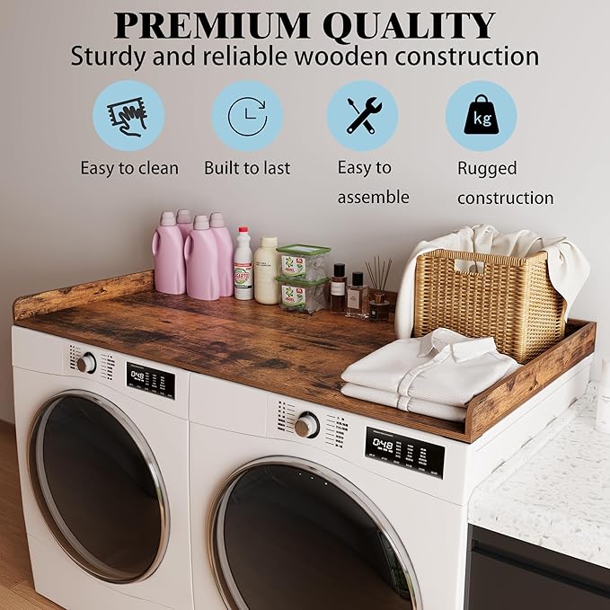 Unionly Washer Dryer countertop with Edge Rails and Non-Slip Mat,Wooden Laundry Countertop for Laundry Room Storage Organization (Rustic Brown, Full)