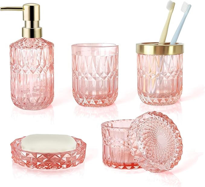 LaMarriti 5pcs Pink Bathroom Accessories Set, Crystal Clear Glass Bathroom Set, Soap Dispenser, Toothbrush Holder Set, Soap Dish, Tumbler, Qtips Holder, Modern Bathroom Decor, Gift Set