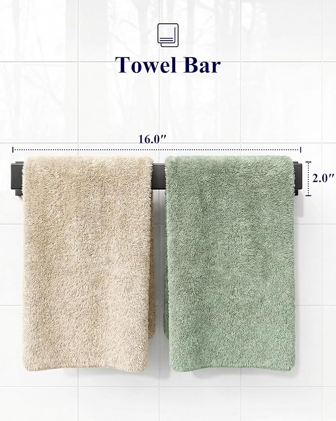 Kitsure 5-Pieces Bathroom Hardware Accessories Set, Rustproof Towel Racks for Bathroom Wall Mounted, 16" Towel Bar, Toilet Paper Holder, Ring & 2 Hooks, Matte Black