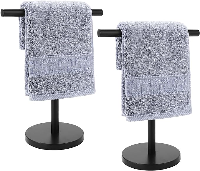 T-Shape Bath Hand Towel Holder Stand, Stainless Steel Free Standing Hand Towel Rack, for Bathroom Kitchen & Countertop, Matte Black, 2 Pack