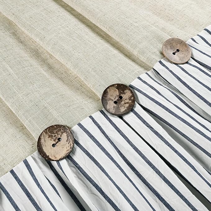 Farmhouse Shower Curtain,Beige and Blue Stripe,Button Curtain,Linen and Cotton Woven Fabric,Rustic Charm Country Chic Style,72x96 in