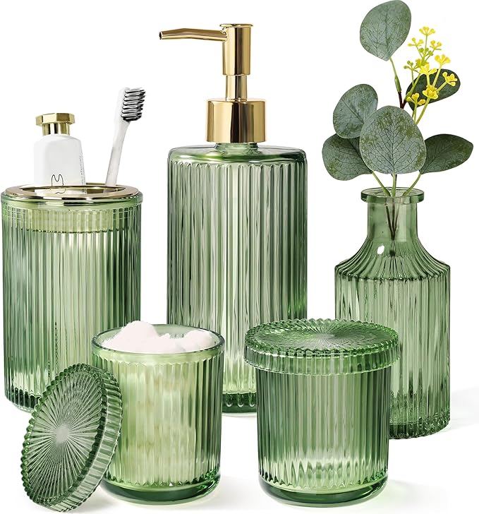 Green Bathroom Accessories 5 Pcs, Glass Bathroom Accessory Set, Vintage Green Bathroom Set, Sage Green Soap Dispenser and Toothbrush Holder Set, Qtip Holder, Small Flower Vase, Modern Bathroom Decor