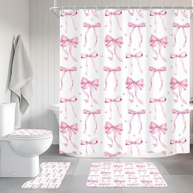Cinbloo 4Pcs Pink Bow Shower Curtain Set, Retro Coquette Vintage Girly Preppy Cute Fashion Pretty Sweet Bathroom Curtain with Rug, Toilet Lid Cover, Bath Mat, Aesthetic Shower Curtain with 12 Hooks