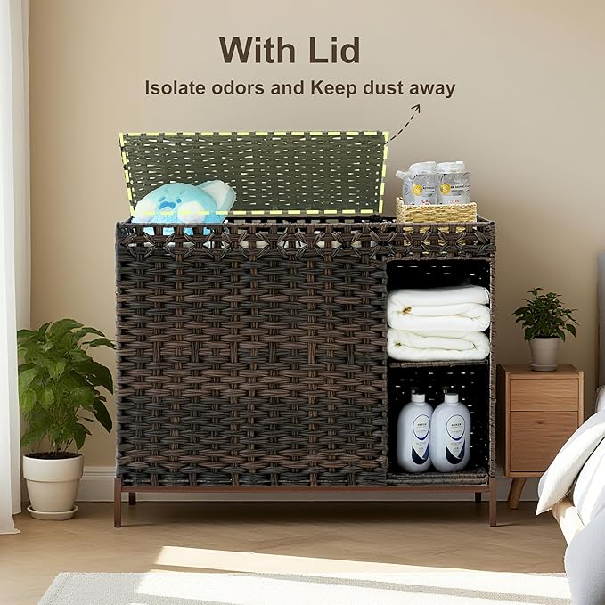 Gitelsnour Laundry Hamper with Lid, 130L(34.4 Gal) Rattan Laundry Hamper 3 Section with 50L (13.2 Gal) Storage Shelf, Wicker Woven Laundry Sorter Basket with 4 Liner Bags and Handles, Brown GLH003BR