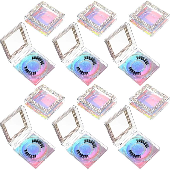 Blulu 12 Pcs Lash Boxes Packaging Empty Bulk Square Glitter 3D False Eyelash Cluster Box Storage Case Rhinestone Lash Organizer Container with Glitter Paper Clear Tray for Women Cosmetic(Holographic)