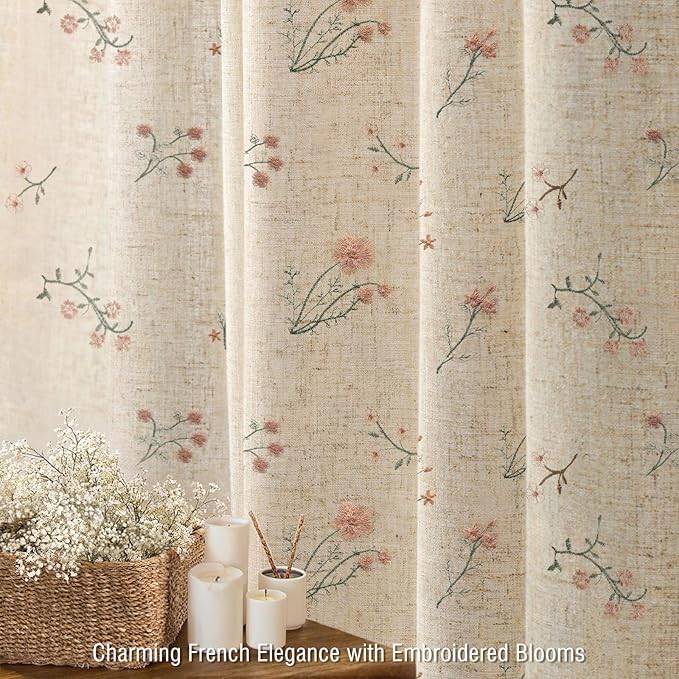Floral Farmhouse Vintage Linen Shower Curtain, French Country Embroidered Textured Shower Curtains for Bathroom, 72Wx72H