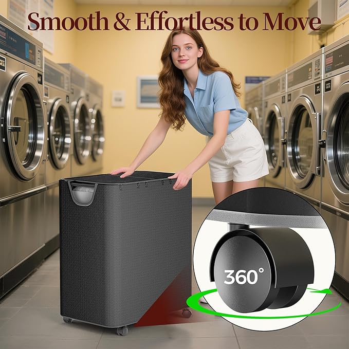 LAMU 145L Laundry Hamper with Wheels, Rolling Laundry Basket with Lid and 3 Removable Laundry Bag, Sturdy Large Capacity 3 Section Dirty Clothes Hamper for Laundry Room, Bedroom, Bathroom, Dorm, Black
