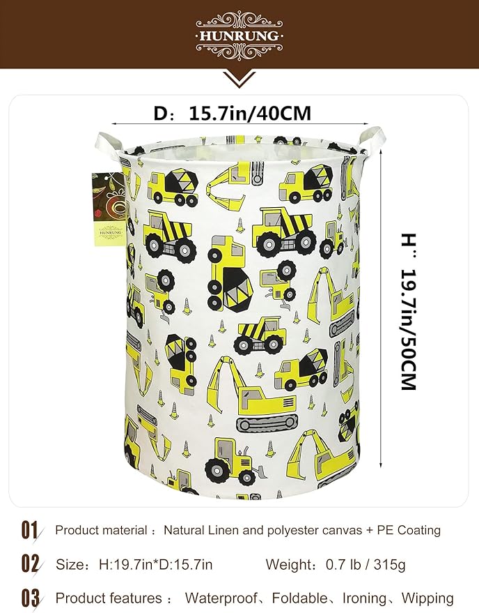 HUNRUNG Laundry Hamper,Large Canvas Fabric Lightweight Storage Basket Toy Organizer Dirty Clothes Collapsible Waterproof for College Dorms, Children Bedroom,Bathroom???Round Engineering???
