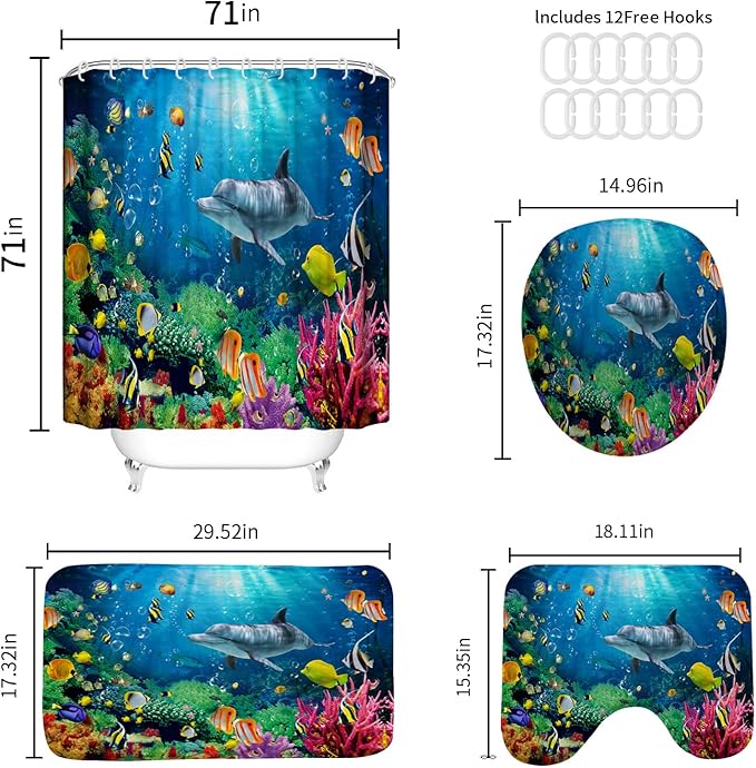 4Pcs Deep Blue Fish Shower Curtain Sets with Rugs, Dolphin Coral Ocean Theme Bathroom Decor Sets Complete, Home and Hotel Bathroom Accessories, juego de baño, 12 PCS Hooks, 71 x 71 in